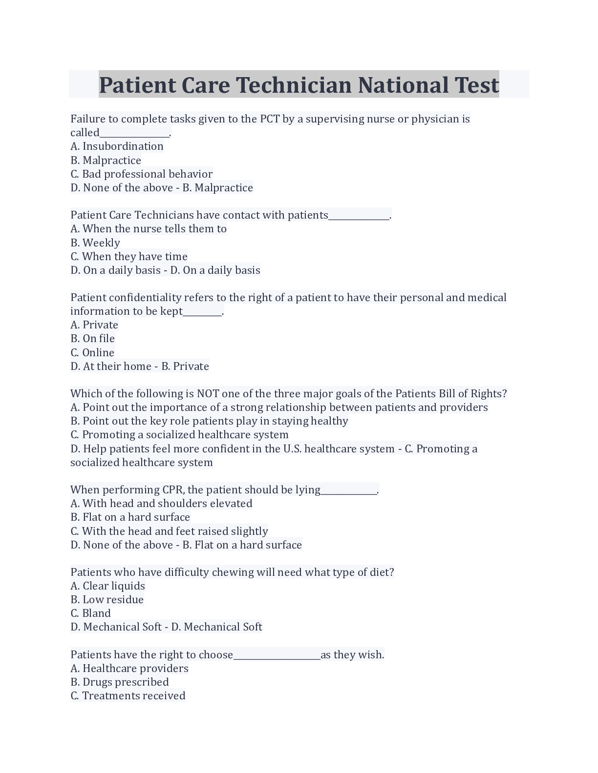 Preview image for Patient Care Technician National Test Questions And Answers